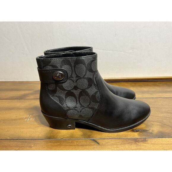Coach Signature DENI LTR-SIG Bootie Black Size 6 B Coated Canvas Leather - Picture 4 of 12